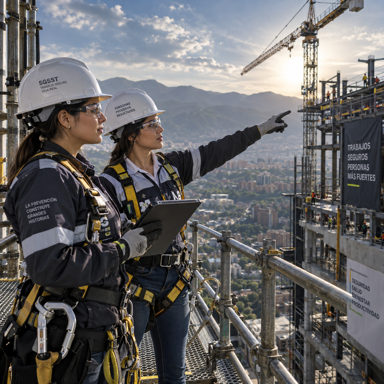 Dos profesionales de SG-SST inspeccionando una obra en alturas